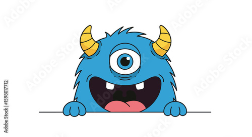 Cute blue cyclops monster peeking over a white surface with a big smile and yellow horns