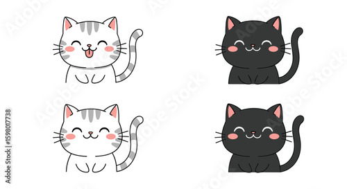 Four adorable pixel art kittens smiling with happy expressions in a grid layout
