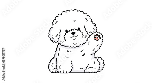 Adorable fluffy white bichon frise dog waving hello with a happy smile