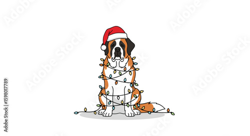 A festive saint bernard dog wearing a santa hat and wrapped in christmas lights for the holidays