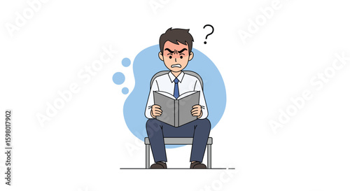 Confused businessman reading a document with a question mark above his head feeling frustrated