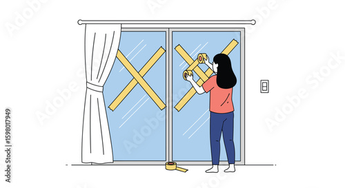 Preparing home for severe weather securing windows and doors against storm damage with tape and plywood for safety