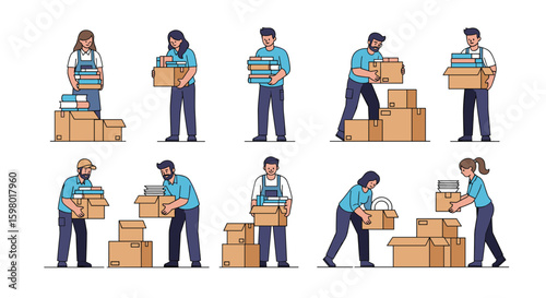 Illustrations of people carrying boxes and books for moving and logistics services