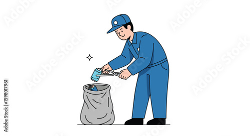 A diligent worker in blue overalls and a cap carefully sorts waste into a large industrial bag using tongs