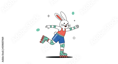 Energetic cartoon rabbit enjoying roller skating with protective gear on a white background