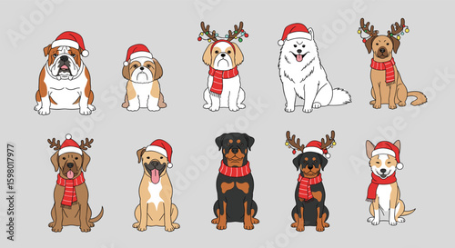A festive collection of adorable pixelated dogs wearing christmas hats and scarves spreading holiday cheer