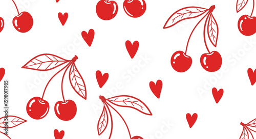 Charming red cherries and delicate hearts scattered across a crisp white background pattern