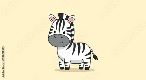A cute cartoon zebra standing still against a pale yellow background looking directly at the viewer