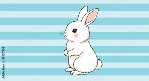 Adorable fluffy white bunny rabbit standing upright with pink ears and cheeks against a pastel blue striped background