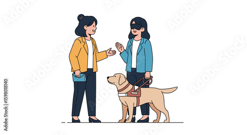 A person who is visually impaired with a service dog conversing with another person