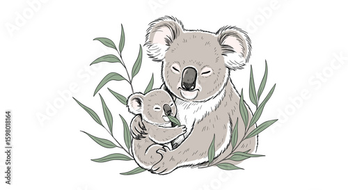 Adorable mother koala hugging her baby among eucalyptus leaves in a charming sketch style