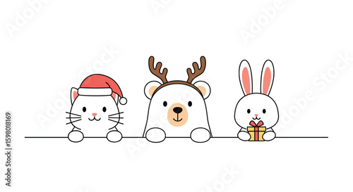 Cute festive animals including a cat with a santa hat a bear with antlers and a bunny holding a gift box