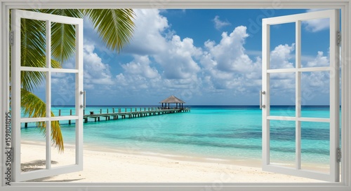 Tropical beach scene through open window ocean view vacation destination