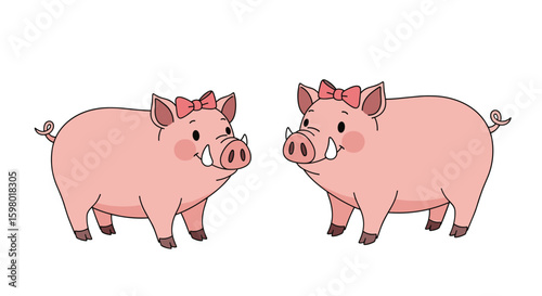 Two adorable pink pigs with cute bows on their heads facing each other in a playful manner