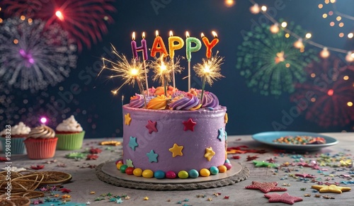 A vibrant birthday cake with purple frosting, adorned with colorful star decorations, sits on a festive table. Topped with candles spelling HAPPY and sparklers, the cake is flanked by two cupcakes and
