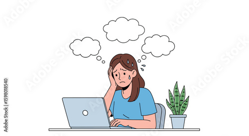 Overwhelmed young woman struggling with work tasks and feeling frustrated by difficulties while sitting at her desk with a laptop