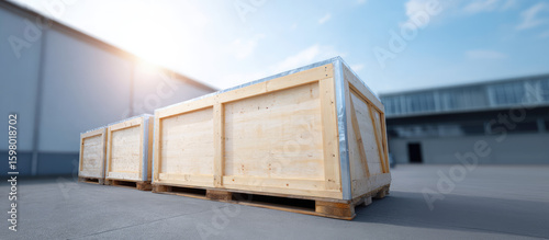 Wooden shipping crates are stacked outdoors on a concrete surface under a bright sky. Concept: industrial shipping, logistics, storage