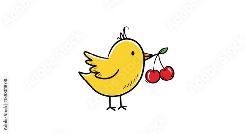 Adorable yellow chick holding a bunch of fresh cherries in its beak
