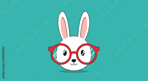 An adorable white rabbit wearing big red round glasses and smiling in front of a teal background
