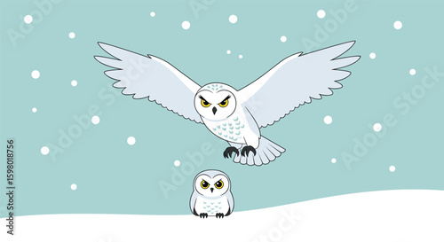 Beautiful snowy owl family soaring through a winter wonderland with falling snowflakes