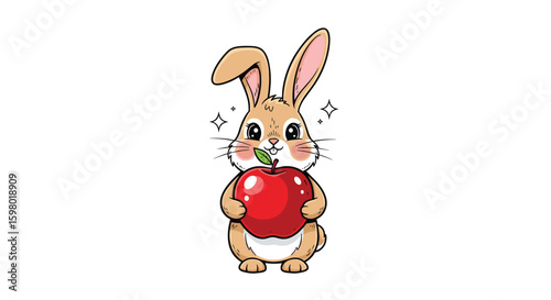 Cute cartoon bunny holding a big shiny red apple with sparkling eyes and happy face