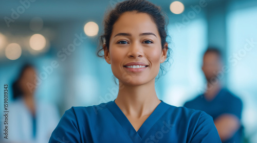 Proud young nurse in navy scrubs with diverse medical team in background