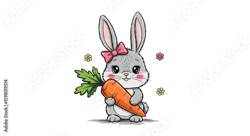Adorable fluffy gray bunny rabbit with big ears holding a fresh orange carrot decorated with a pink bow