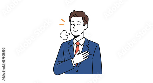 A business professional exhales deeply while placing his hand on his chest in relief and gratitude