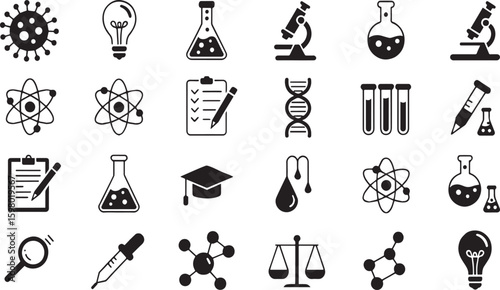 A set of science icons representing various scientific disciplines, research, and laboratory equipment isolated on white background