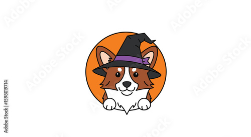 Adorable pembroke welsh corgi dog wearing a spooky witch hat for halloween celebrations fun