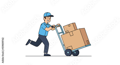 A cheerful delivery person quickly pushes a hand truck loaded with several cardboard boxes during a speedy package transport operation