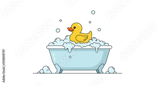 Adorable yellow rubber duck floating in a tub full of bubbles enjoying a relaxing bath time