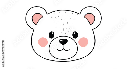 Cute fluffy white bear face with pink cheeks and dark eyes adorable kawaii cartoon illustration
