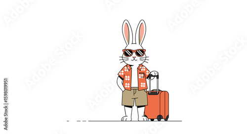 A cheerful cartoon rabbit dressed for vacation stands ready to travel with his orange suitcase wearing stylish sunglasses and casual summer clothing ready for a getaway adventure