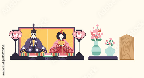 Traditional japanese emperor empress dolls displayed for girls festival celebration