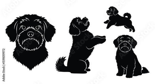 Collection of adorable fluffy dog silhouettes in various poses and styles demonstrating canine charm and playfulness