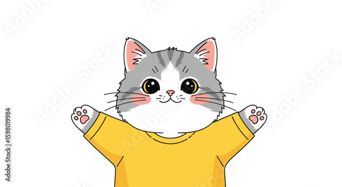 Adorable fluffy grey and white tabby kitten wearing yellow t shirt ready for hugs and cuddles