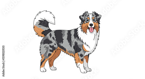 Adorable pixel art australian shepherd dog standing proudly and wagging its fluffy tail