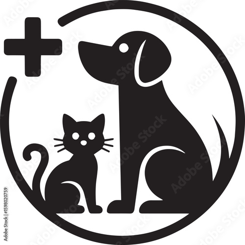 A veterinary clinic logo featuring a dog, cat, and medical cross is isolated on white background