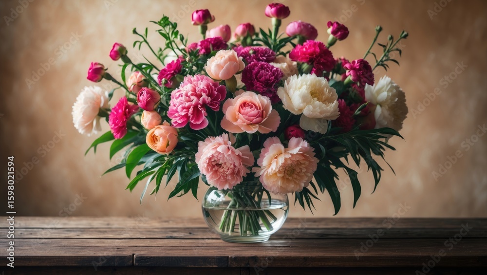 Obraz premium Colorful peonies and roses arranged in a glass vase on a wooden surface. Beautiful floral display. Fresh flowers and decoration. The arrangement of flowers and blooms.