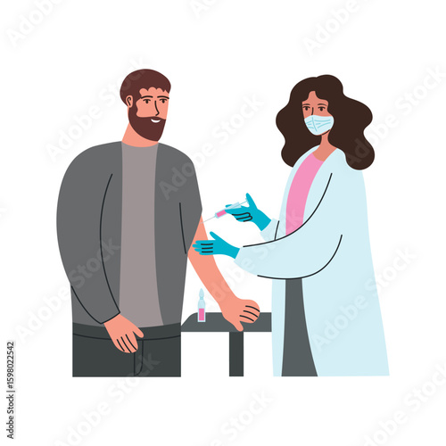 Doctor giving vaccine injection to male patient. Time to get vaccinated. Flat vector illustration.