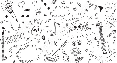 Hand drawn doodle elements isolated on white background, showcasing musical notes, guitars, and other rock and roll themed designs for creative projects