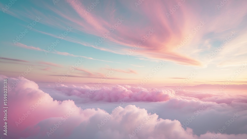 Obraz premium Colorful sky with pink and blue clouds during sunset or sunrise. Beautiful sky scene with soft fluffy clouds and vibrant colors.
