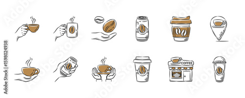 Coffee hand drawn icon collection. Set 2 of 3. Editable stroke. Vector illustration.
