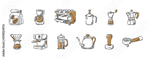 Coffee hand drawn icon collection. Set 3 of 3. Editable stroke. Vector illustration.