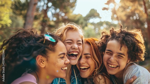 Best friends having a blast outside. Young people laughing and hugging in the sunshine. They're making memories and enjoying their youth.