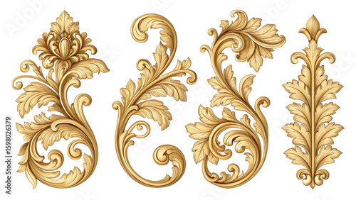 Four ornate golden baroque floral scroll elements with detailed leaf patterns on black background
