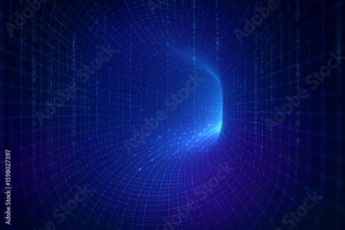 Quantum Tech Tunnel Background with 3D Digital Grid and Matrix Code, Futuristic Sci-Fi Data Flow for AI and Computing Concepts