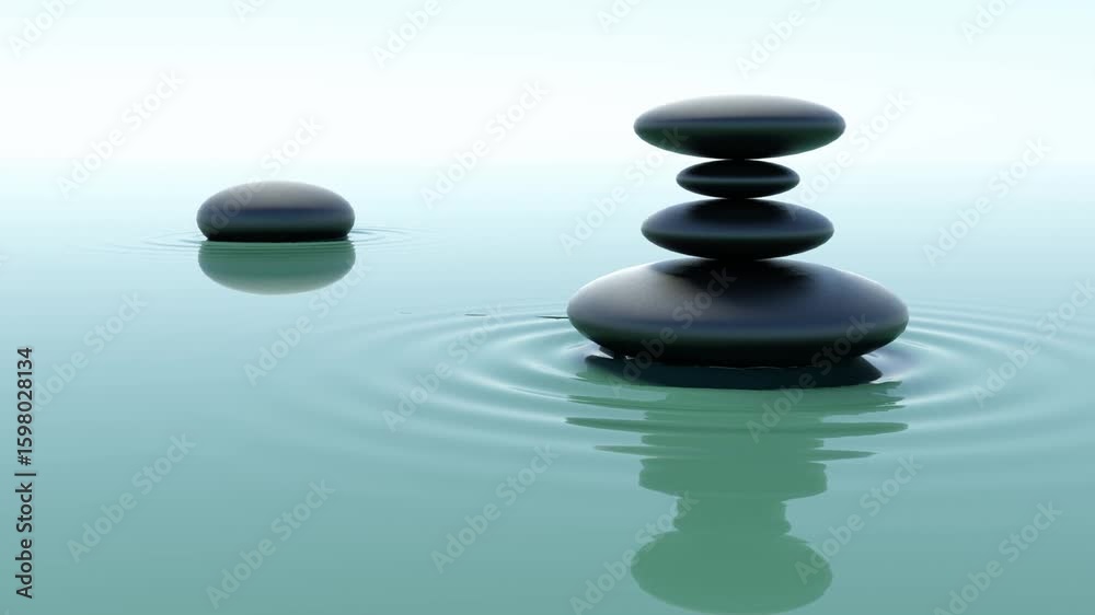 Incredible Rippling Off Rocks Motion Background. Balanced rock pyramid on pebbles. Selective focus, zen stones on sea beach, meditation, spa, harmony, calm, balance. Stable pyramid stacks. waves