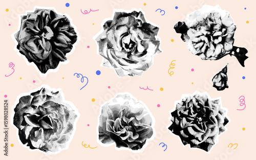 Set of different rose, flowers in retro halftone style. Flower head on torn paper. Trending collage style. Dotted pop art style. Trendy vintage newspaper parts. Perfect for card, event, wedding